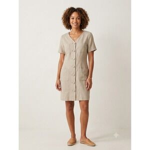 Andrea Jovine Linen Dress Womens 12 Beige Excellent Button Front V-Neck Mini